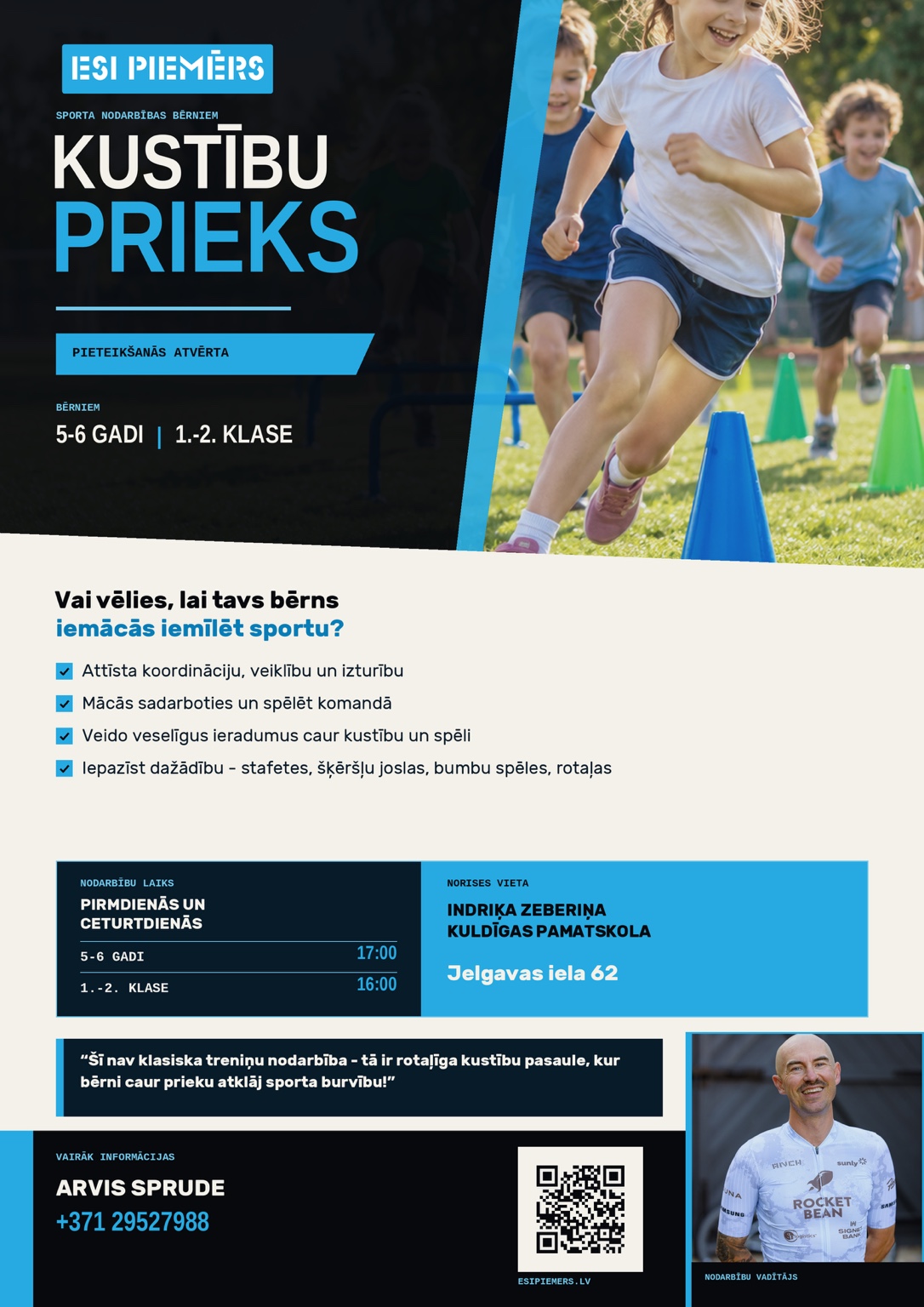 Kustību prieks sporta nodarbību plakāta augšējā daļa ar bērniem kustībā